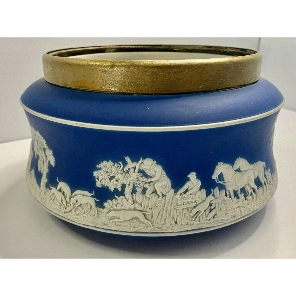 Antique Adams Tunstall Dark Blue Jasperware Bowl Dish Dogs Horses Scene See Pics